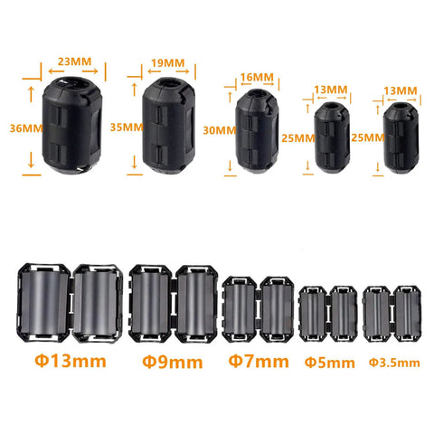 No Nonsense Clip On Ferrite Ring Core EMI RFI Noise Suppressors For Cables 3mm To 13mm Diameters Easy Install Black