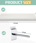 Diagram showing 4 Pack Wooden Slatwall Shelves With 8 Metal Hooks Built To Last And Garage Ready For Quick Setup dimensions.