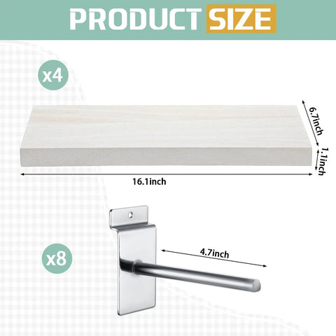Diagram showing 4 Pack Wooden Slatwall Shelves With 8 Metal Hooks Built To Last And Garage Ready For Quick Setup dimensions.