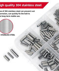 Stainless Steel Roll Pin Kit With 424 Pieces For Machinery, Automotive And DIY Repairs, shown with slotted and split pins in box.