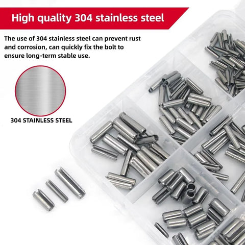 Stainless Steel Roll Pin Kit With 424 Pieces For Machinery, Automotive And DIY Repairs, shown with slotted and split pins in box.