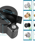 No Sweat Combo Door Knob Lock Child Proof Cover showing dimensions, compatible with round knobs for bedroom and bath.