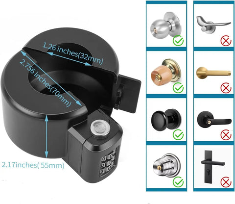 No Sweat Combo Door Knob Lock Child Proof Cover showing dimensions, compatible with round knobs for bedroom and bath.