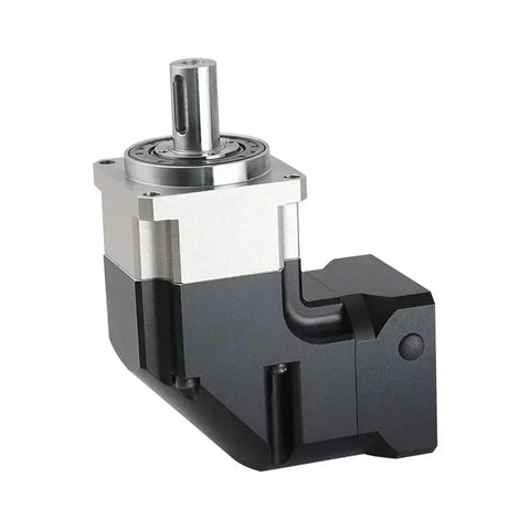 Heavy Duty 90 Degree Helical Reducer Right Angled Gearbox For Industrial Motors Smooth Precision Speed Control With Dead Nuts Tight Flange Mount And Rock Solid Performance, black and silver design.