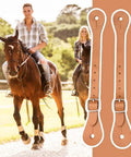 Premium Leather Spur Straps for Horse Riding with riders on horses, adjustable retro western style, aluminum buckles, 2 pack
