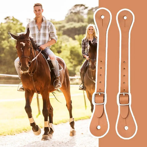 Premium Leather Spur Straps for Horse Riding with riders on horses, adjustable retro western style, aluminum buckles, 2 pack