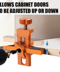Adjustable Cabinet Door Positioning Tool And Mounting Jig For Frameless And Face Frame Cabinets Aluminum Alloy Construction Lightweight Durable Easy To Align And Install Like A Pro shown aligning cabinet door.