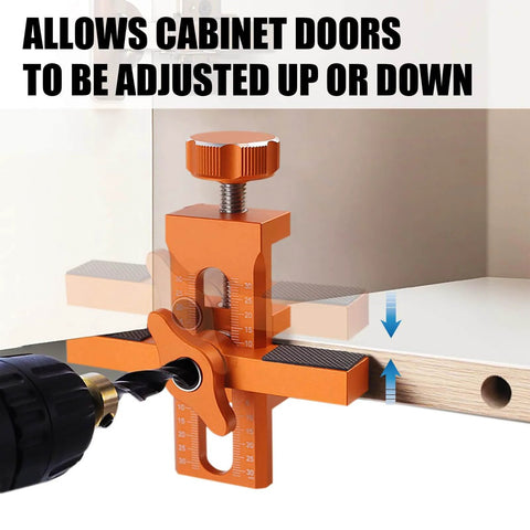 Adjustable Cabinet Door Positioning Tool And Mounting Jig For Frameless And Face Frame Cabinets Aluminum Alloy Construction Lightweight Durable Easy To Align And Install Like A Pro shown aligning cabinet door.