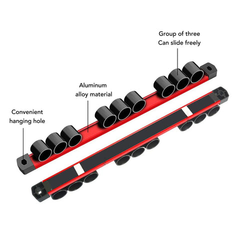 Workhorse Nine Slot Rail Tool Organizer Rack For Wrenches Pliers And Scissors, aluminum alloy with slots and hanging hole.