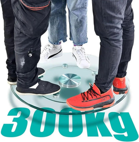 31-35 Inch Tempered Glass Lazy Susan No Fuss Rotating Serving Tray with people standing on it, showing 300kg support