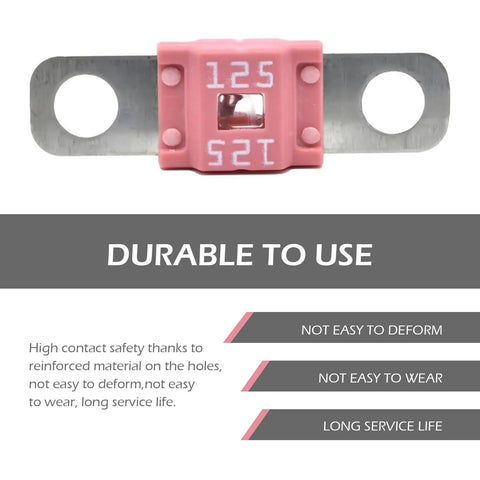 Heavy Duty 3 Pack 125A Midi High Current Fuses Rock Solid Automotive Bolt On Kit Flat Plate, showing pink fuse with lugs.