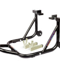 Beefed Up Heavy Duty Paddock Motorcycle Stand For Rear Wheel Lift With Fork And Swingarm Spool, dismantlable, black steel