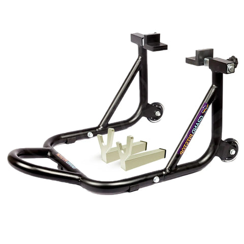 Beefed Up Heavy Duty Paddock Motorcycle Stand For Rear Wheel Lift With Fork And Swingarm Spool, dismantlable, black steel