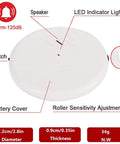 Diagram of Ultra Slim Window Vibration Alarm Pack of 6 with 125dB Siren, detailing speaker, LED light, and roller sensitivity adjustment.