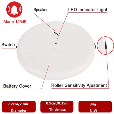 Diagram of Ultra Slim Window Vibration Alarm Pack of 6 with 125dB Siren, detailing speaker, LED light, and roller sensitivity adjustment.
