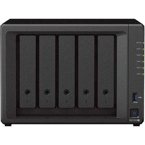 Front view of Beefy 5 Bay Network Storage Server With 40TB Capacity And 16GB Ram, featuring five drive bays and USB port.