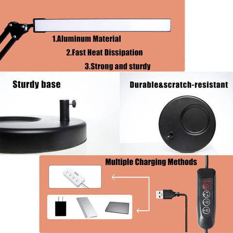 LED Desk Lamp With Clamp And Round Base Go To Swing Arm Eye Caring Table Light Three Color Modes Ten Brightness Levels Memory Function USB Powered 14W Office Desk Lamp Black, showing aluminum build and charging methods.