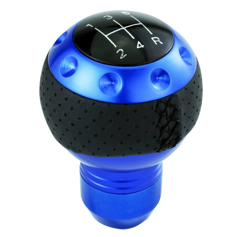 Bold Blue Five Speed Ball Shift Knob With Crisp Gear Map For Manual Transmissions, 4 inch, aluminum and rubber construction.