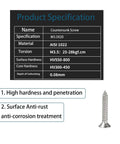 Image showing a countersunk screw specification with high hardness, AISI 1022 material, and anti-corrosion treatment.