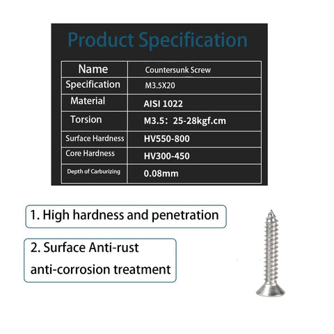 Image showing a countersunk screw specification with high hardness, AISI 1022 material, and anti-corrosion treatment.