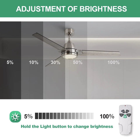 52-Inch Brushed Nickel Ceiling Fan With Remote Control And Dimmable LED Light, adjustment of brightness shown