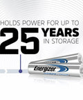 Heavy Duty Lithium Triple A Batteries 8 Pack Built For Gaming Rigs And Camera Flashes showing storage capacity of up to 25 years.
