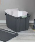 Heavy Duty 24 Pack 20 Gallon Stackable Plastic Storage Bins With Secure Latch Lock Tops Designed For Beatdown Moving Days And Zero Sweat Garage Sorting Solutions with pillows inside.