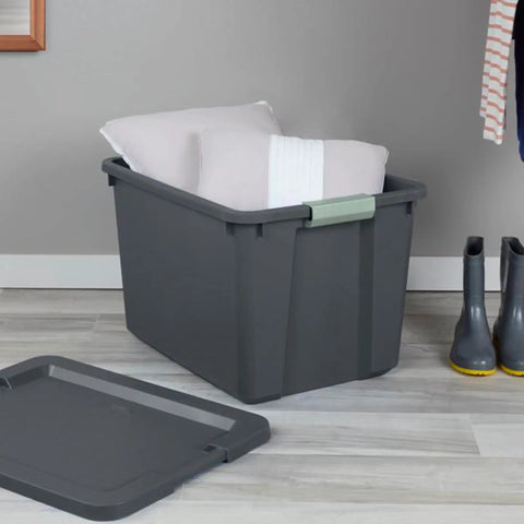 Heavy Duty 24 Pack 20 Gallon Stackable Plastic Storage Bins With Secure Latch Lock Tops Designed For Beatdown Moving Days And Zero Sweat Garage Sorting Solutions with pillows inside.