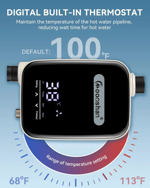 Smart Instant Hot Water Recirculating Pump Kit With Built In Thermostat And Digital Timer Under Sink Circulator System For Tank Heaters Packing Serious Heat showing digital temperature display.