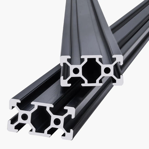 Close-up of Badass 2040 T-Slot Aluminum Extrusion Profile with sleek anodized finish, showing two 1000mm black rails.