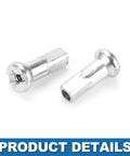 Close-up of two steel nipples for Heavy Duty 14G 205mm Mountain Bike Spokes Set, Steel Black 36 Pieces, replacement part detail.