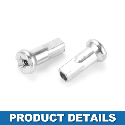 Close-up of two steel nipples for Heavy Duty 14G 205mm Mountain Bike Spokes Set, Steel Black 36 Pieces, replacement part detail.