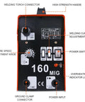 Front panel of Flux Core MIG Welder 160A Portable Gasless Wire Feed Machine For 110V Home DIY Projects with controls and labels.
