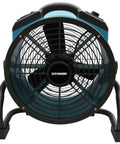 Front view of High Airflow Variable Speed Industrial Axial Air Mover with Built In Power Outlets, 14 Inch Blue Stand for drying and ventilation.