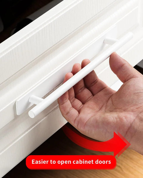 Hand demonstrating use of Two Pack Stick On Cabinet Handles White Self Adhesive Drawer Pulls Closet Doors For Kitchen Sliding Glass And Shower Doors
