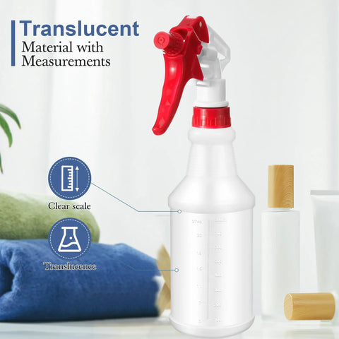 24 Pack 32 Ounce Plastic Spray Bottles Bulk Set With Leakproof Adjustable Nozzles Mist Sprayers Labels And Funnels Heavy Duty Bottles For Cleaning Supplies Plant Care Home Use Reusable HDPE translucent spray bottle with clear measurement scale and red nozzle