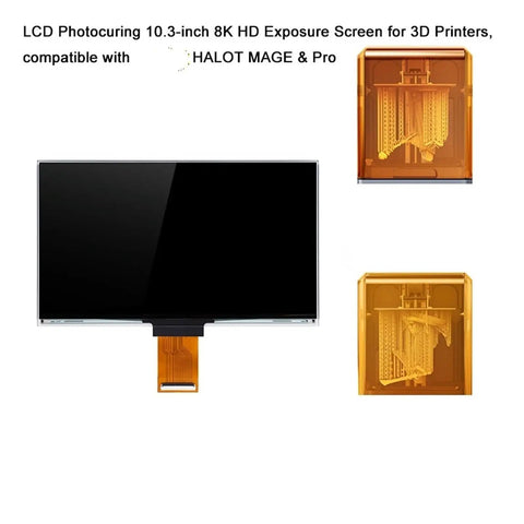 Premium Replacement 8K LCD Screen For Resin Printers showing a 10.3 inch black display and resin vat compatible with Halot Mage.