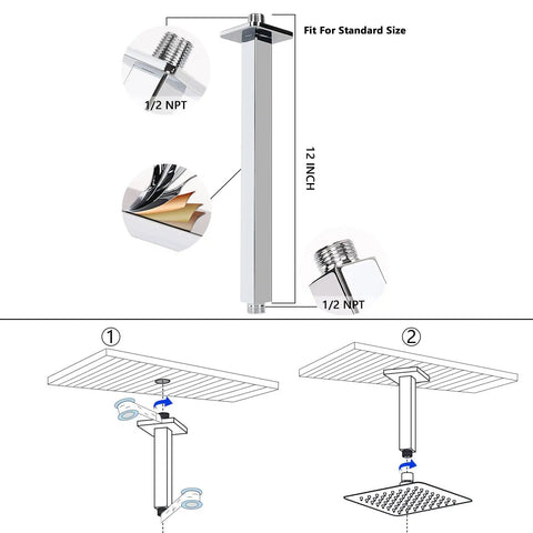 Rain Shower Head With Arm And Square Ceiling Mount, 16 Inch Stainless Steel Chrome Finish, Full Body Coverage Rainfall Showerhead, Delivers High Pressure Even With Low Water Pressure, Water Saving Waterfall Experience