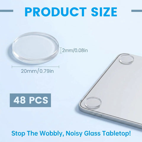 Clear Glass Table Top No Slip Pads 48Pcs Self Adhesive Rubber Bumpers 20mm By 2mm Non Slip Dots shown on a glass surface