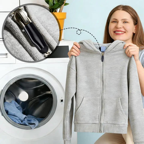 Woman holding gray hoodie beside washing machine; inset shows silicone zipper protector installed on hoodie zipper.
