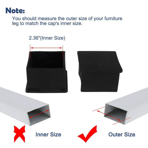 Premium Pvc Table Leg Caps Are A Total Game Changer For Hardwood Floors They Stop Scratches Cold And Silence Chair Screeching With This 18 Piece Kit showing inner and outer size measurements.