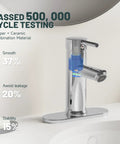 Chrome Single Handle Bathroom Sink Faucet With Pop Up Drain And Overflow Included Durable Brass Construction Modern Vanity Lavatory Faucet For Homes And RVs Easy Install 1 Hole Setup with testing results and features shown.