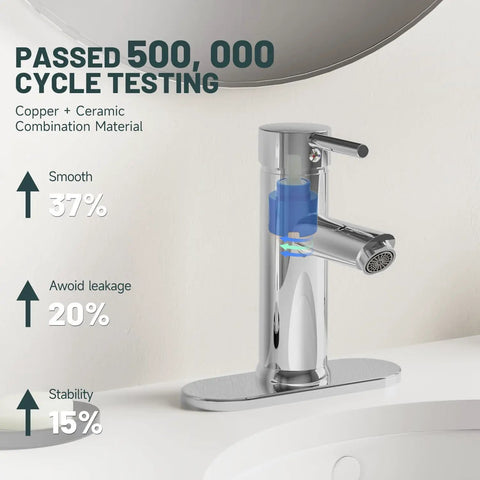 Chrome Single Handle Bathroom Sink Faucet With Pop Up Drain And Overflow Included Durable Brass Construction Modern Vanity Lavatory Faucet For Homes And RVs Easy Install 1 Hole Setup with testing results and features shown.