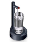 Electric Water Bottle Dispenser With USB Charging, Desktop Pump For 5 Gallon Jugs, pouring water into glass, blue design