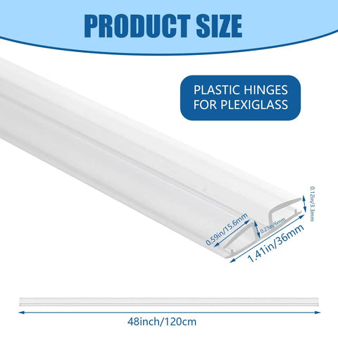 Two Pair Clear Pvc Piano Style Living Hinges Forty Eight Inch Flexible Tape, showing dimensions for acrylic and plexiglass use.