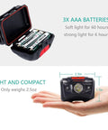 Ultra Bright LED Headlamp Beast With Five Lighting Modes White And Red LEDs For Running Cycling Fishing Hiking Camping And Repairing IPX6 Waterproof Headlamp Beams Up To 262 Feet Lightweight 2.6 Oz With Batteries Included showing compact size on hand and battery compartment view