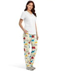 Fresh Fit Cartoon Dinosaur Print Scrub Pants For Women Wide Leg Cargo Nurse Trousers With Deep Side Pockets And Elastic Waist on model