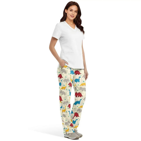 Fresh Fit Cartoon Dinosaur Print Scrub Pants For Women Wide Leg Cargo Nurse Trousers With Deep Side Pockets And Elastic Waist on model