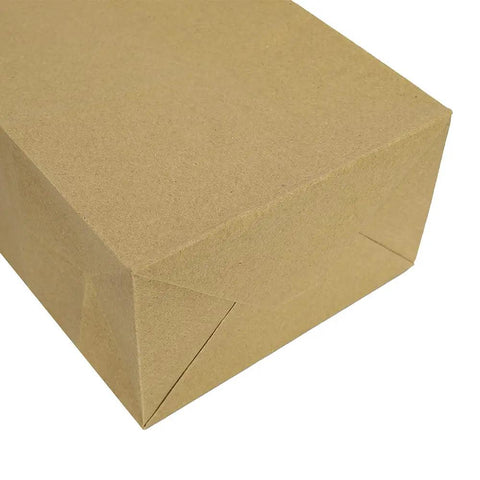Close-up of the folded bottom of Brown Kraft Paper Bags With Handles 5.25x3.25x8 Inches, 100 Pack Bulk Small Gift Bags, Plain Natural 110 GSM.