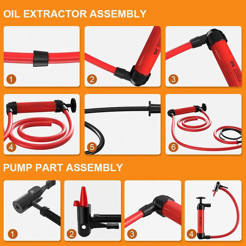 Heavy Duty Portable Siphon Pump Kit For Handheld Fluid Extractor And Universal Gasoline Oil Transfer With Hella Durable Flexible Pvc And No Sweat Garage Use assembly steps with red and black hoses.